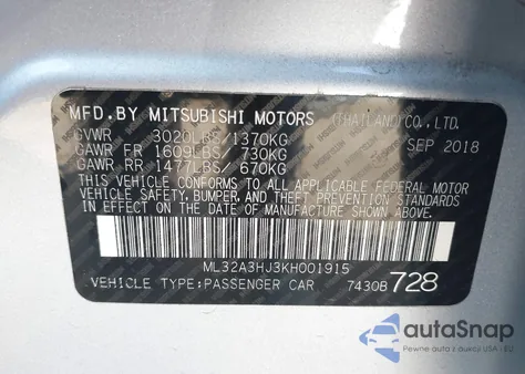 2019 Mitsubishi Mirage Es/Rf from USA, damaged, VIN ML32A3HJ3KH001915
